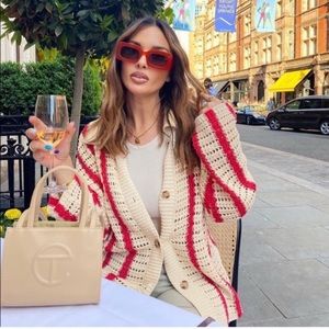 Zara Open Knit Sweater Cardigan Jacket medium cream and red stripe